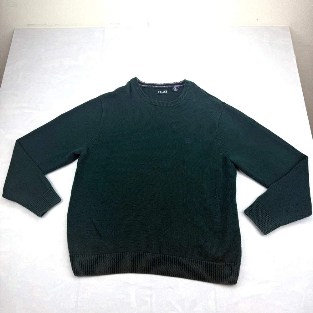 Chaps Sweater Mens XL Green Tight Knit Ribbed Hem Long Sleeve Crew Neck Pullover
